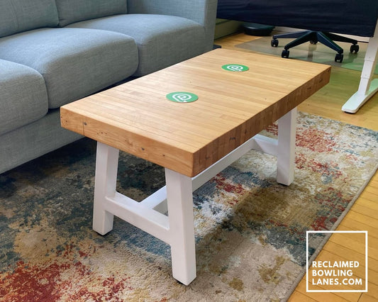 reclaimed bowling alley coffee table on metal a-frame legs