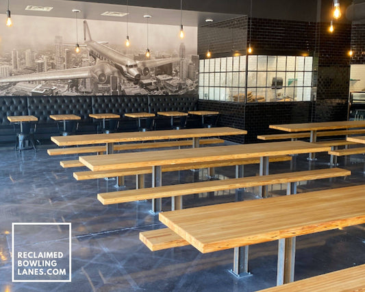 restaurant tabletops made from reclaimed pine bowling lanes