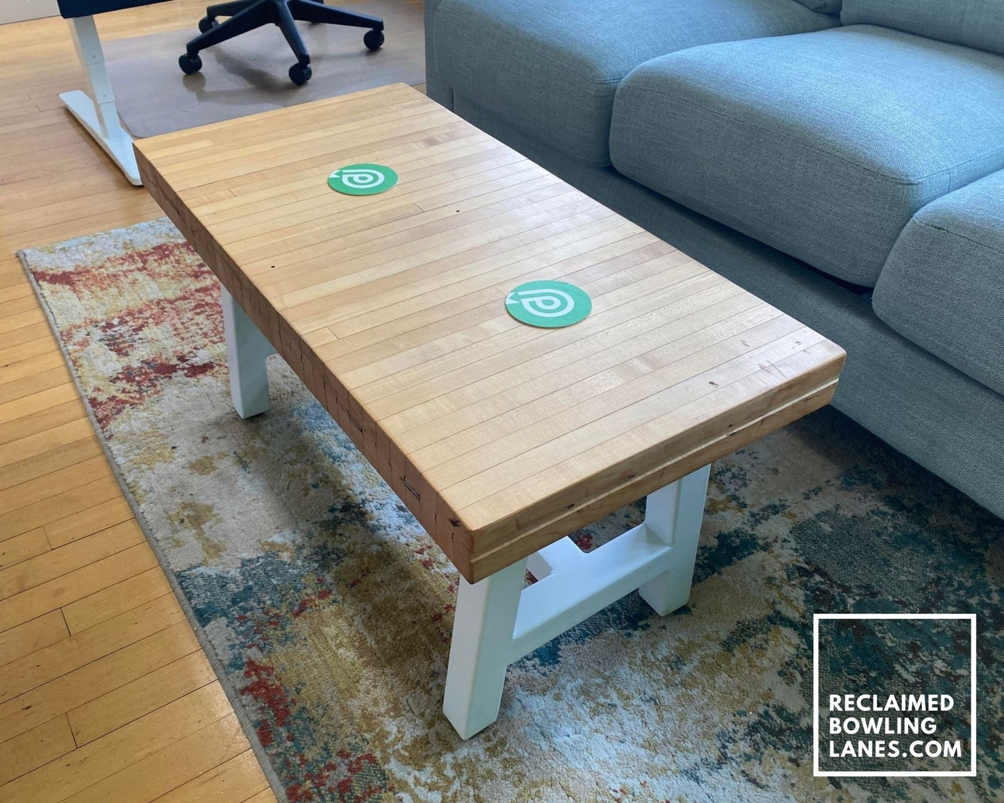 reclaimed bowling alley coffee table on metal a-frame legs