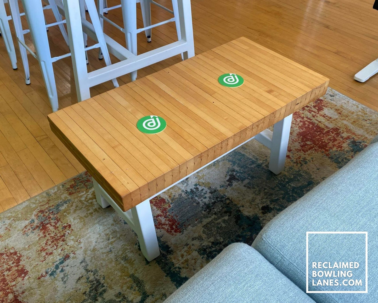 reclaimed bowling alley coffee table on metal a-frame legs