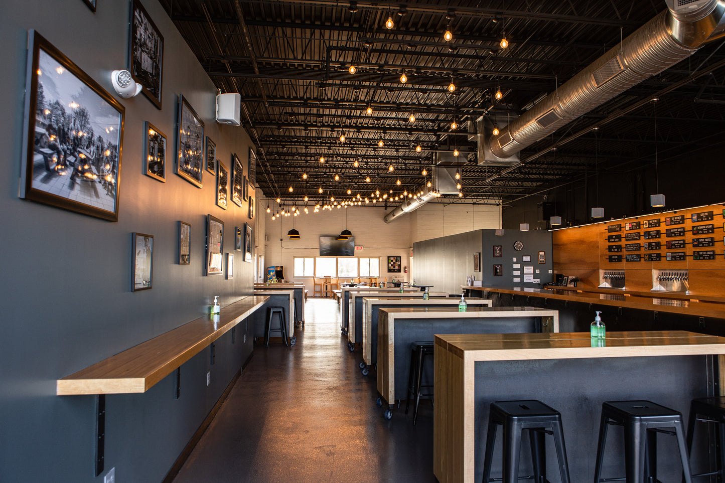 restaurant tabletops made from reclaimed pine bowling lanes